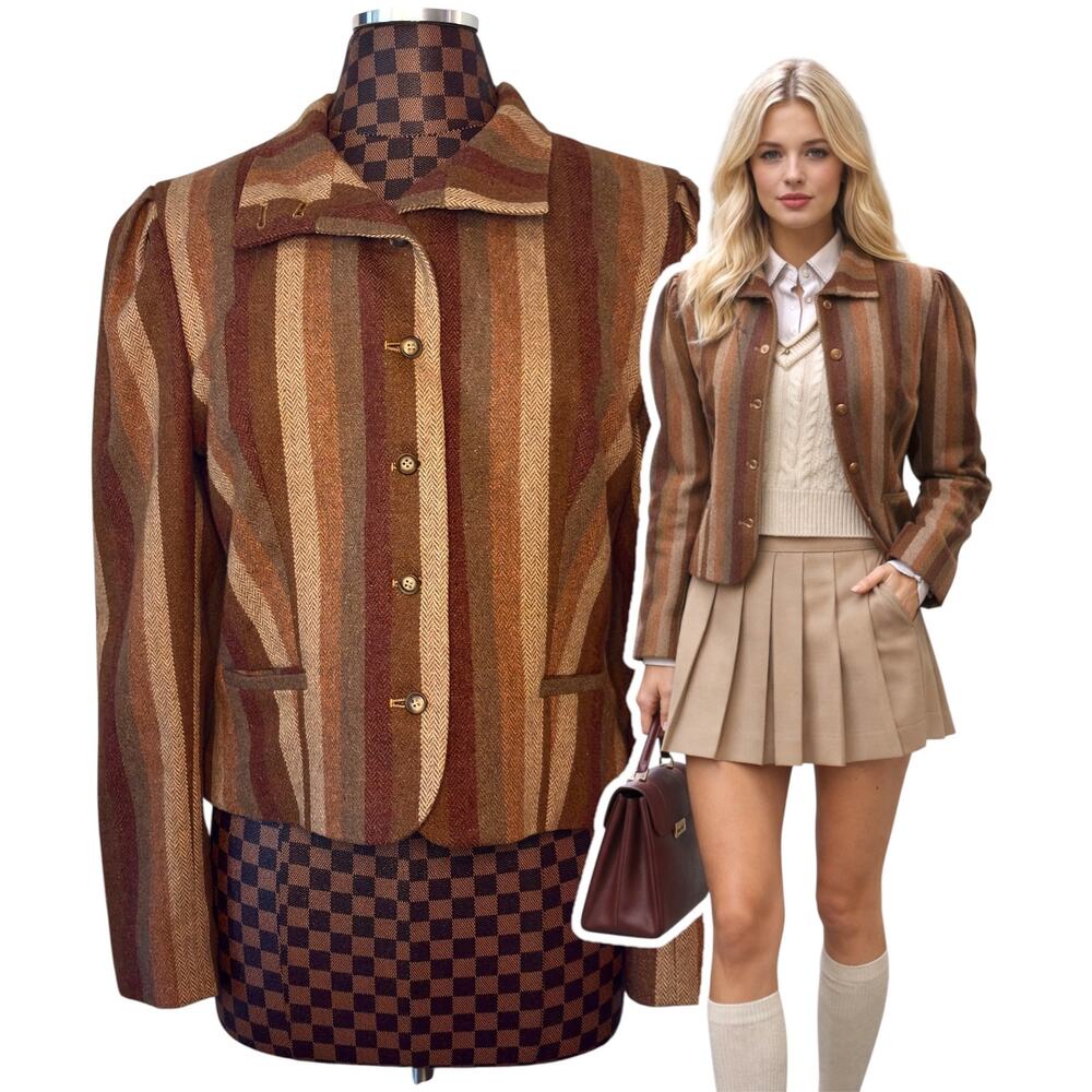 Vintage 60s Striped Brown Blazer Size Large Academia Tweed Preppy MCM Swingles